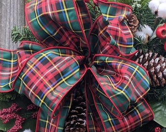 Wired Plaid Wreath BOW ONLY, Messy Christmas Tartan Bow, Green, Red Gold, Blue Plaid, 4" ribbon, Oversized Christmas bow Door Wreath