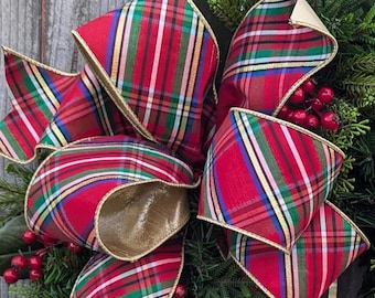 BOW ONLY, Christmas Wreath Bow, Large Red and Green Blue Gold Plaid, Christmas wreath Bow Nutcracker