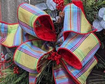 Christmas Wreath Bow, Blue/Green Plaid, Luxe BOW ONLY, Whimsical Red Crushed Velvet Back, Designer Ribbon Bow for Wreath, Large Bow, Josie