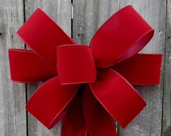 Christmas Bow, Deep Red Brick Christmas Wreath Bow, Door Window, Dark Red Indoor/ Outdoor, Brick Red Wired Velvet - Finish Bow