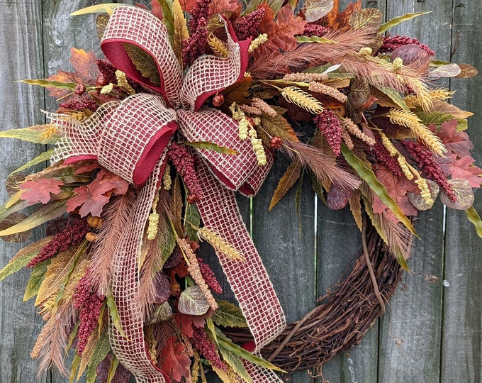 Featured listing image: Fall Wreath, Wreath for Fall / Autumn, Harvest Berry Fall Wreath, Burlap Green Bow Fall Door Wreath, Halloween Door Wreath, Horn's