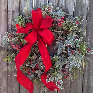 Red Berry Christmas Wreath, Faux Silk Bow, Winter Holiday Decor