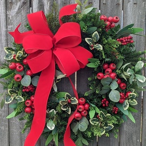 Christmas Wreaths / Traditional Christmas Red Velvet Bow Christmas Wreath, Christmas Door Wreath with Matching Window Bows Available 289