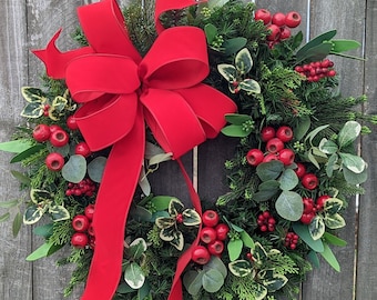 Christmas Wreaths / Traditional Christmas Red Velvet Bow Christmas Wreath, Christmas Door Wreath with Matching Window Bows Available 289