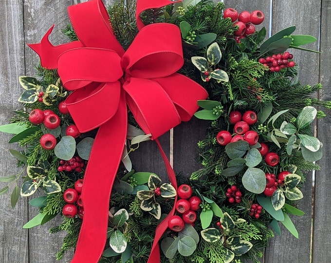Featured listing image: Christmas Wreaths / Traditional Christmas Red Velvet Bow Christmas Wreath, Christmas Door Wreath with Matching Window Bows Available 289