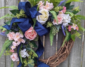 Spring Wreath, Spring/Summer Wreath, Spring Wreath blush coral, Wreath, Summer Garden Wreath, Navy Rose Wreath, Spring Door Wreath 268