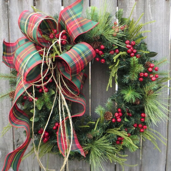 Christmas Wreath, Plaid Christmas Wreath, Winter Wreath, Country Wreath, Twine and Berries Christmas Wreath