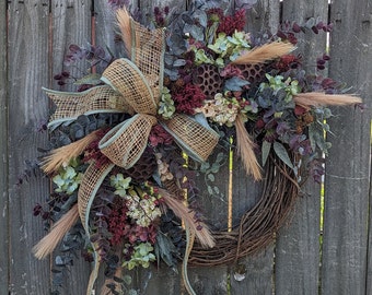 Wreath, Burgundy Wreath, Boho Wreath, Teal Wreath, Moody Color Pallet, Wedding Pampas Grass, Wedding, Fall Winter Wedding 353