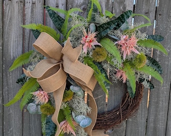 Tropical Wreath, Pink Spring / Summer Wreath, Door Wreath Wreath, Front Door Wreath, Unique Moss Wreath Wreath for Spring, Wreath