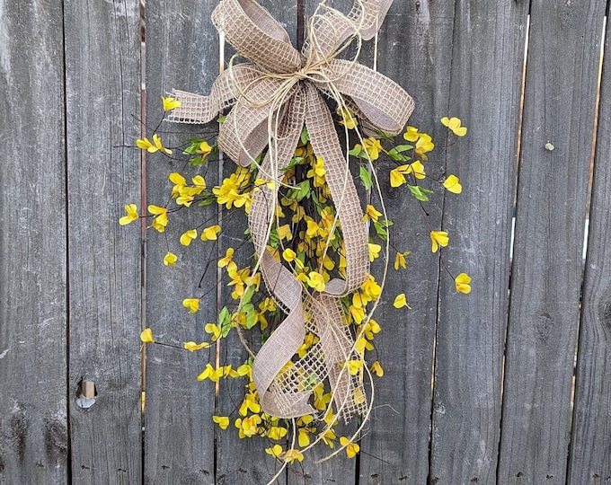 Featured listing image: Spring Yellow Bell Swag, Medium Forsythia Swag,  Decor, Swag for Door, Forsythia Yellow Bell, Wedding, Large Lantern Swag