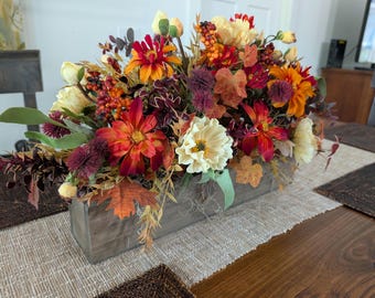 Fall Table Centerpiece, Bright Colors Farmhouse Fall Centerpieces, Poppies, Red, Orange, Yellow, Modern Farmhouse Decor, Flower Box