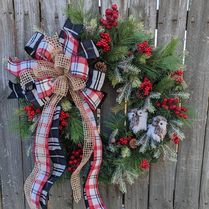 Christmas Wreath, Holiday Wreath, Owl Wreath, Black, White Plaid ribbon, Front Door Wreath, Front Door, Red Berries, Christmas Wreath 304 image 1