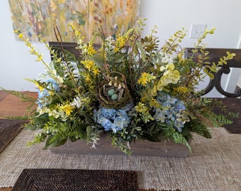 Centerpiece with Nest, Spring and Summer Flower Crate Arrangement, Light Blue and Yellow Tall Rectangle Arrangement, Table Arrangement