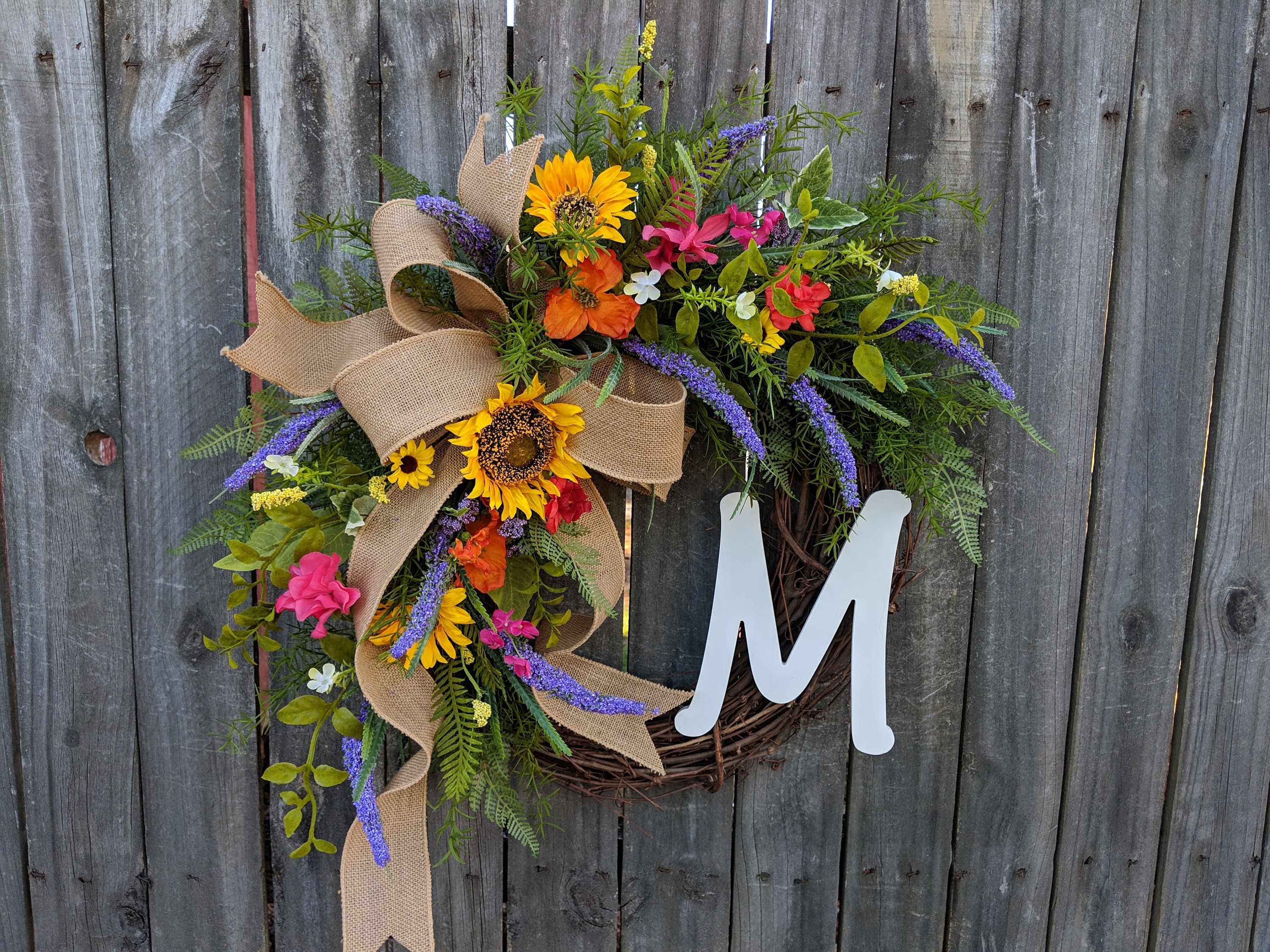 Spring Wreath Sunflower Purple Front Door Spring Wreath Sunflower Purple Front Door Decor Monogram Springtime Bright Colors Summer