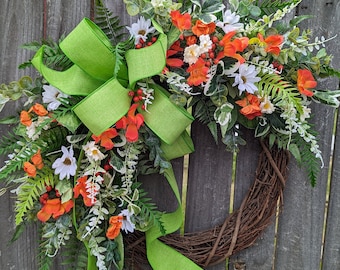 Spring Wreath, Spring/Summer Wreath, Spring Wreath with Bow,  Wildflower Wreath, Summer Wreath, Orange Wreath, Spring Door Wreath 400