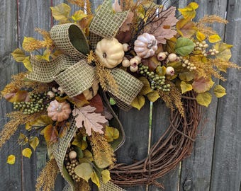 Fall Pumpkin Wreath, Cream Pumpkin Wreath, Green Fall Wreath, Fall Wreath,  Fall, Front Door Wreath, Etsy 155sku