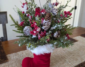 Santa Boot Christmas table arrangement, Small to Medium arrangement for mantle, end table, foyer table, Christmas Velvet Santa centerpiece*