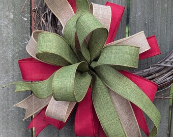 Christmas Bow, Wired Christmas Wreath Bow Tree Topper, Wreath Bow, Customizable Colors, Solid Colors,  Tree Topper, Smaller 1.5" Linen