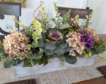 Spring Easter Hydrangea Centerpiece, Rustic Flower Crate Arrangement with cabbage, Purple Magenta Box African violet, Realistic Centerpiece