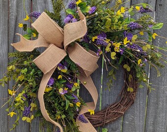 Spring Wreath, Pansy Spring Summer Wreath, Deep Purple Blooms and Forsythia Yellow Bell Door Wreath, Gift, Green, Purple Wreath Spring 391