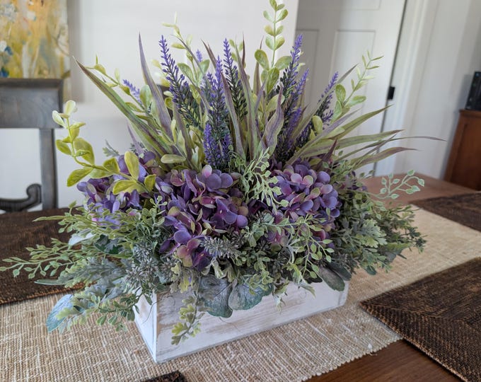 Featured listing image: Purple Hydrangea Centerpiece, Spring Lavender Arrangement, Rectangle Dining Table Flower Crate, Year Round Table Decor Crate 43
