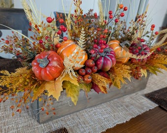 Fall Table Centerpiece, Autumn Rustic Centerpieces, Tricolor Pumpkins and Wheat, Red, Orange, Yellow, Modern Farmhouse Decor, Halloween 11*