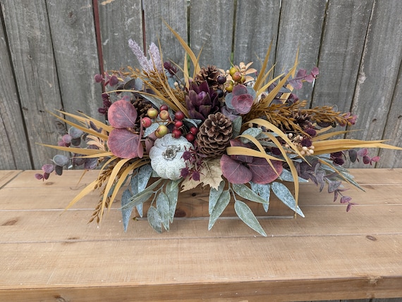 Fall Pumpkin Crate Arrangement, Thanksgiving Halloween Decor, Purple Floral Centerpiece