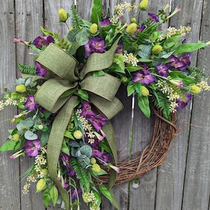 Spring Wreath, Petunia Spring Wreath, Deep Purple Blooms and Berries Door Wreath, Gift, New House Gift, Green, Purple Wreath for Spring 395