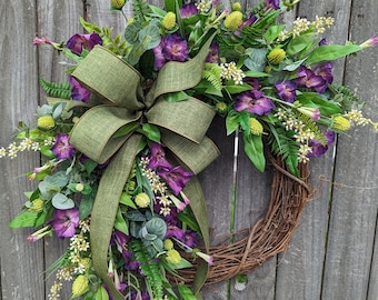 Spring Wreath, Petunia Spring Wreath, Deep Purple Blooms and Berries Door Wreath, Gift, New House Gift, Green, Purple Wreath for Spring 395