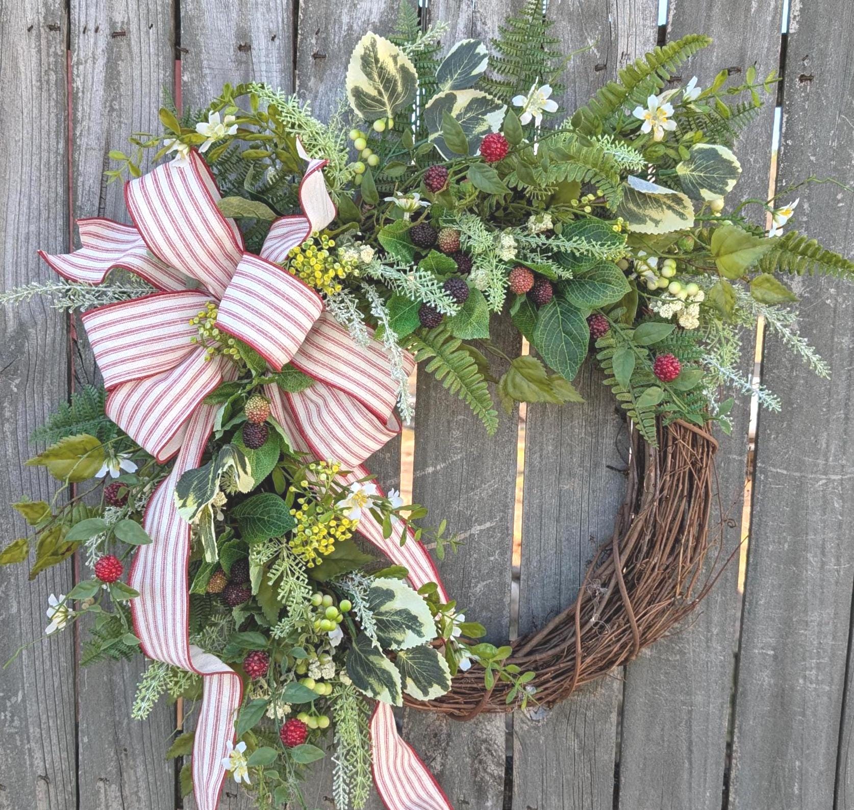 Spring Wreath Summer Wreath, Red Ticking Wreath, Summer Blackberry Harvest Wreath for Door Home Decor Wreath Grapevine Etsy Horns 435*