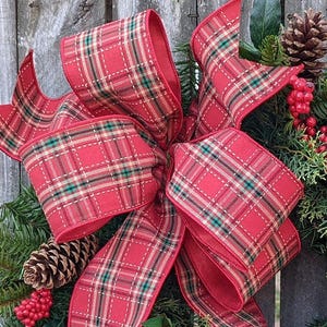 Christmas Plaid Wreath Bow, Large Wreath bow, Perfect for 24 inch Door Wreath, BOW ONLY, Rustic, Primitive Plaid Wired Bow, Delbush