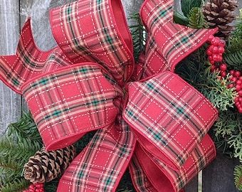 Christmas Plaid Wreath Bow, Large Wreath bow, Perfect for 24 inch Door Wreath, BOW ONLY, Rustic, Primitive Plaid Wired Bow, Delbush