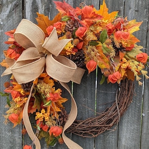 Wreath for Fall / Autumn, Fall Wreath, Orange, Gold Halloween Thanksgiving Wreath  Fall Wreath, Burlap Bow 285