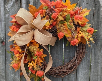 Wreath for Fall / Autumn, Fall Wreath, Orange, Gold Halloween Thanksgiving Wreath  Fall Wreath, Burlap Bow 285