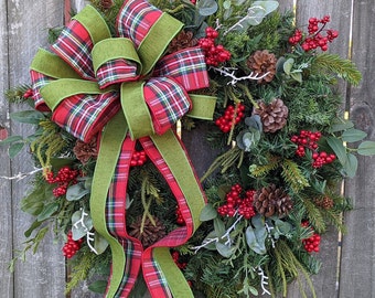 Christmas Wreath, READY TO SHIP, Plaid Winter Wreath, Traditional Natural  Christmas wreath, Tartan, Red Berries, Christmas