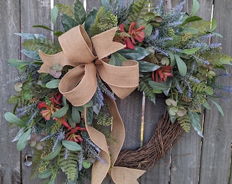 Wreath for Door, Succulent Wreath, All year round Wreath, Everyday Wreath, Lavender Wreath, Red Succulent, Moody Colors, Eucalyptus 383