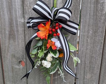 Lantern Swag with Black and White Stripe wired Ribbon Bow for Fall, Spring, Summer Flowers