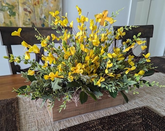 Spring Centerpiece, Forsythia Crate Arrangement Yellow Bell, Farmhouse Centerpieces,  Spring Rectangular Table Mantle Arrangement, Crate 3