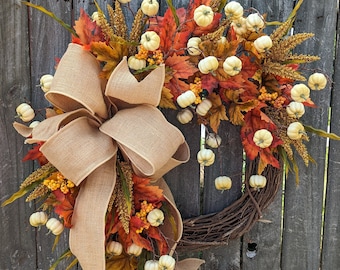 Fall Wreath, Fall Wreaths, Fall Door Wreath, Fall White Pumpkin Wreath, Fall Orange and White Wreath, Burlap Fall Wreath