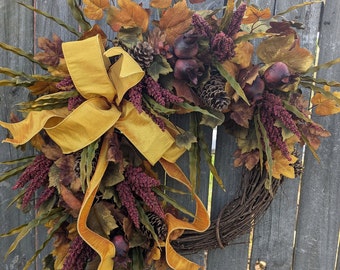 Fall Wreath, Wreath for Fall / Autumn, Harvest Fruit Fall Wreath, Green Fall Door Wreath, Halloween Door Wreath, Horn's 407