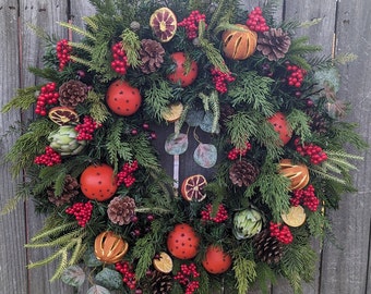 Christmas Wreath - Williamsburg Style Christmas Wreath with Fruit and Berries - Christmas Fruit Wreath 374