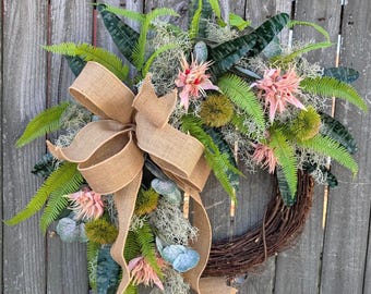 Tropical Wreath, Pink Spring / Summer Wreath, Door Wreath Wreath, Front Door Wreath, Unique Moss Wreath Wreath for Spring, Wreath