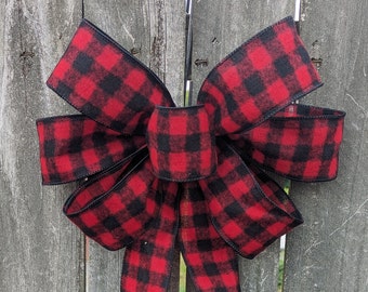 Christmas Bow, Buffalo Check Wired Christmas Ribbon for Wreath Bow, Cozy Flannel Bow, RED AND black Bow for Christmas Decoration