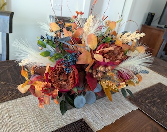 Fall Peony Centerpiece, Autumn Arrangement for Table Crate, touch of Navy Blue 64*