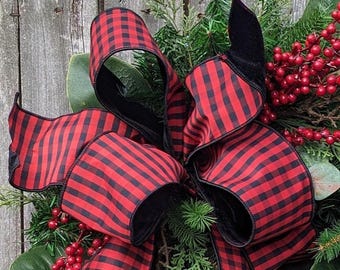 Christmas BOW ONLY, Deluxe Buffalo Check Bow, Black and Red Buffalo Check With Luxe Black Velvet Back, 4 loop bow, Large Wreath Bow Novel
