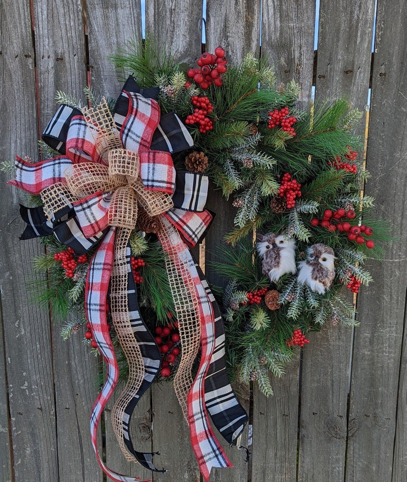 Christmas Wreath, Holiday Wreath, Owl Wreath, Black, White Plaid ribbon, Front Door Wreath, Front Door, Red Berries, Christmas Wreath 304 image 2