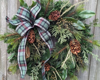 Christmas Wreath, Winter Wreath, Plaid Pine Wreath, All Winter Long, Front Door Wreath, Front Door, Christmas Wreath, No Red, Rustic 379