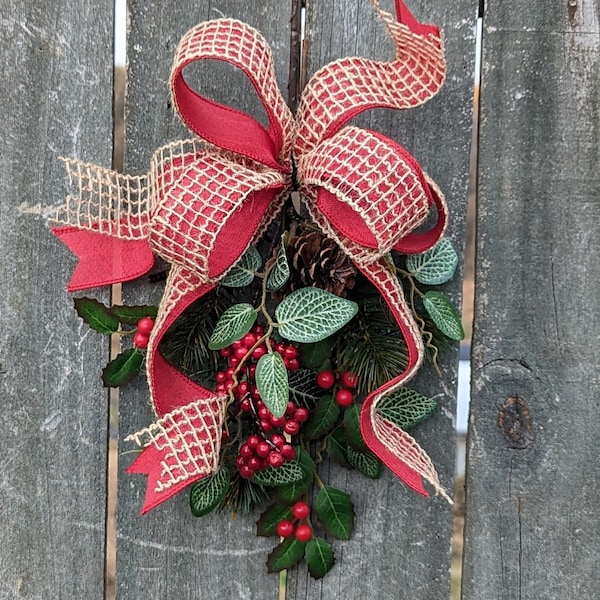 Christmas Swag, Mini Swag, Christmas Bow with Greenery, Swag for chair back, red berries, Aisle Décor, Christmas Wedding, Lantern Swag 29*