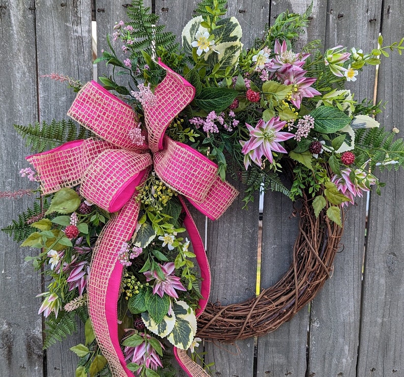 Spring Wreath, Bright Wreath for Spring and Summer, Bright Pink, wildflowers, red berries, Colorful Wreath for Spring, Wreath 389 image 1