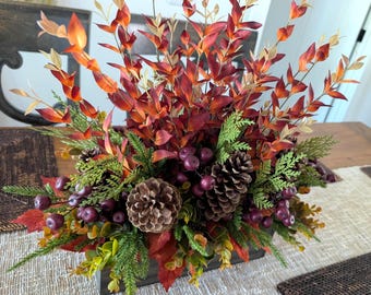 Fall Centerpiece, Pinecone Arrangement for Dining Table, Burgundy and Rust, Autumn Leaves and Evergreen, Rustic Thanksgiving, Crate 56*